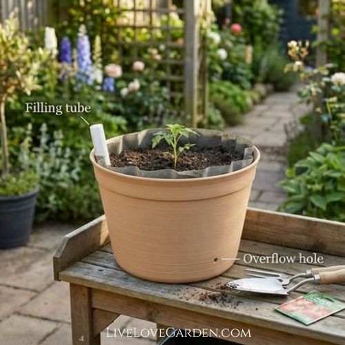 DIY self watering container planted with tomatoes
