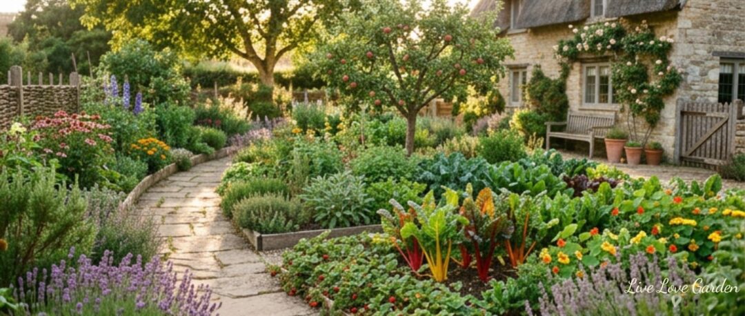 Front yard landscaped with bushes flowers and edibles