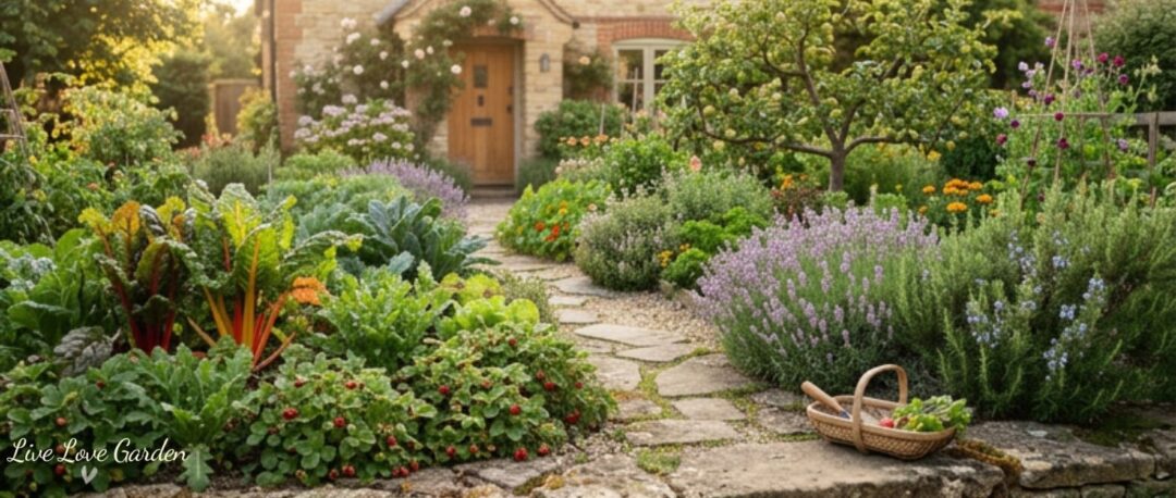Bushes flowers trees intermingled with edible plants