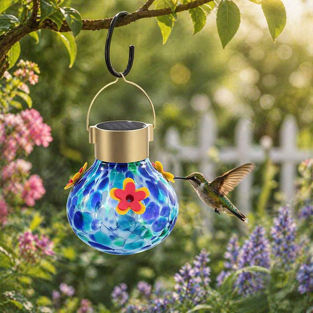 Image of Blue Solar hummingbird feeder on how to rewild