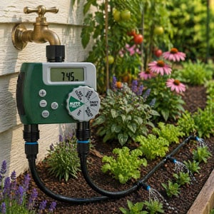 Hose time hooked to drip lines in garden