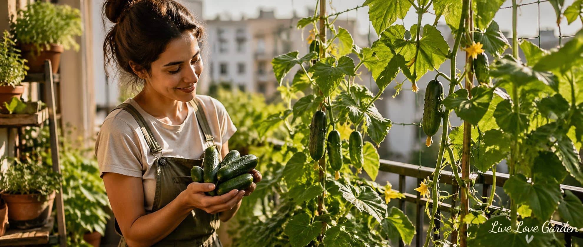 How to grow cucumbers in Pots woman harvesting on balcony