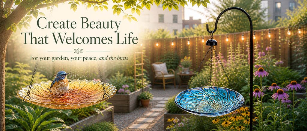Glass hanging bird baths in 2 colors