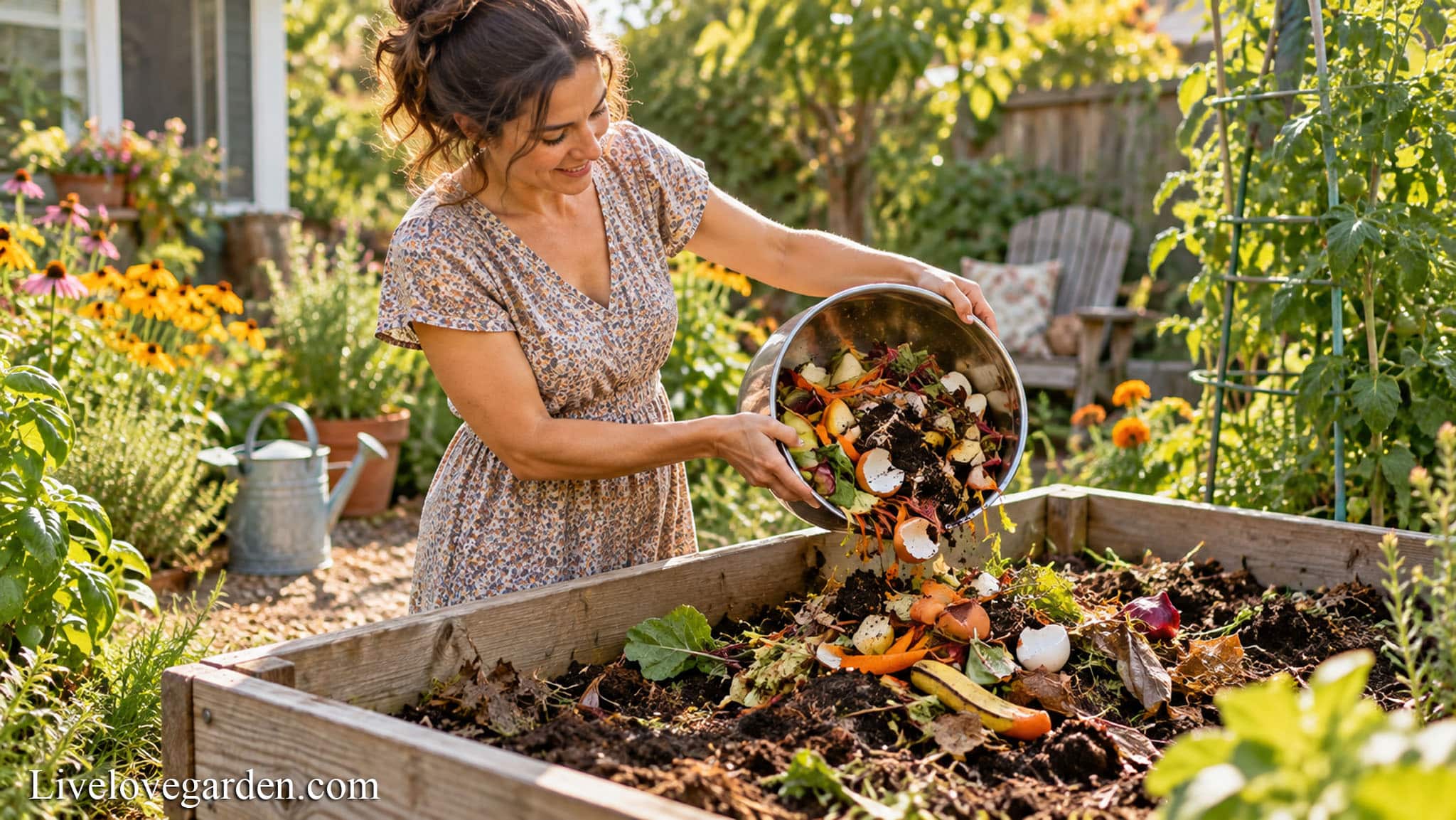 Sunlit Backyard Composting Moment